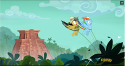 Size: 1246x657 | Tagged: safe, screencap, daring do, rainbow dash, pony, g4, stranger than fan fiction, animation error, discovery family logo, jungle, rainbond dash, ropes, scared, screaming, temple, tied up