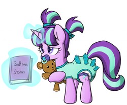 Size: 1280x1057 | Tagged: safe, artist:skitter, starlight glimmer, g4, adult foal, bedtime story, book, cute, daaaaaaaaaaaw, diaper, female, frills, glimmerbetes, glowing horn, hnnng, horn, magic, non-baby in diaper, onesie, pacifier, pigtails, poofy diaper, simple background, solo, teddy bear, telekinesis, weapons-grade cute, white background
