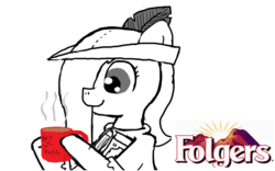 Size: 964x603 | Tagged: safe, artist:ficficponyfic, edit, oc, oc only, oc:emerald jewel, earth pony, pony, colt quest, book, child, clothes, coffee, coffee mug, colt, cute, drink, feather, femboy, foal, folgers, hair over one eye, happy, hat, logo, male, smiling, solo