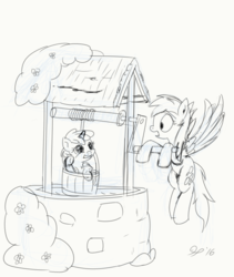 Size: 960x1140 | Tagged: safe, artist:halflingpony, derpy hooves, dinky hooves, pegasus, pony, g4, female, mare, sketch, well, wip