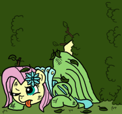 Size: 640x600 | Tagged: safe, artist:ficficponyfic, color edit, edit, fluttershy, oc, oc:emerald jewel, colt quest, g4, alternate color palette, bruised, bush, clothes, color, colored, colt, crossdressing, dress, escape, femboy, flower, flower in hair, foal, hedge, hedge maze, male, recolor, solo, tired, tongue out, trap, twig