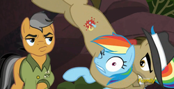 Size: 1278x660 | Tagged: safe, screencap, biff, quibble pants, rainbow dash, earth pony, pegasus, pony, g4, stranger than fan fiction, female, henchmen, male, mare, not impressed, stallion, tackle, trio, unamused