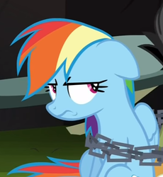 Size: 360x391 | Tagged: safe, screencap, rainbow dash, pony, g4, my little pony: friendship is magic, stranger than fan fiction, angry, chains, upset