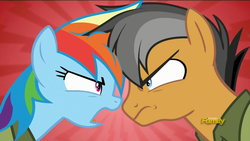 Size: 1366x768 | Tagged: safe, screencap, quibble pants, rainbow dash, pony, g4, my little pony: friendship is magic, stranger than fan fiction, angry, discovery family logo