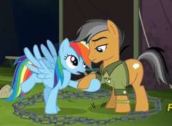 Size: 681x502 | Tagged: safe, screencap, quibble pants, rainbow dash, pony, g4, my little pony: friendship is magic, stranger than fan fiction, hoof hold