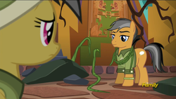 Size: 1366x768 | Tagged: safe, screencap, daring do, quibble pants, pony, g4, my little pony: friendship is magic, stranger than fan fiction, disapproval, discovery family logo