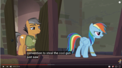 Size: 1276x717 | Tagged: safe, screencap, quibble pants, rainbow dash, pony, g4, my little pony: friendship is magic, stranger than fan fiction, meme, youtube caption