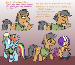 Size: 1175x1025 | Tagged: safe, artist:vree, quibble pants, rainbow dash, scootaloo, earth pony, pegasus, pony, g4, stranger than fan fiction, comic, cute, eyes closed, frown, glare, jossed, looking back, missing cutie mark, open mouth, raised hoof, scootaloo's parents, scooter, shocked, smiling, smirk, spread wings, trotting, underhoof, wide eyes