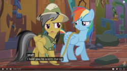 Size: 1276x717 | Tagged: safe, screencap, daring do, rainbow dash, pony, g4, stranger than fan fiction, meme, youtube caption