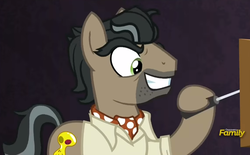 Size: 762x472 | Tagged: safe, screencap, doctor caballeron, earth pony, pony, g4, stranger than fan fiction, discovery family logo, lever, male, solo, stallion