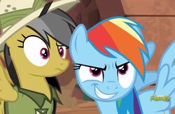 Size: 724x472 | Tagged: safe, screencap, daring do, rainbow dash, pony, g4, stranger than fan fiction, discovery family logo, grin, smiling