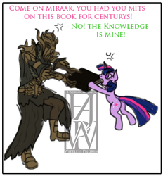 Size: 978x1053 | Tagged: safe, artist:wittless-pilgrim, twilight sparkle, g4, angry, arcane arts, arcane magic, armor, black book, blurry, book, bookhorse, explicit source, fight, forbidden knowledge, glare, hoof hold, mask, miraak, needs more jpeg, open mouth, photoshop, pulling, skyrim, that pony sure does love books, the elder scrolls, watermark