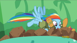 Size: 1334x750 | Tagged: safe, screencap, quibble pants, rainbow dash, pony, g4, stranger than fan fiction, discovery family logo, rock pit, shipping fuel, tackle