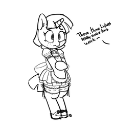 Size: 1280x1438 | Tagged: safe, artist:pabbley, snails, pony, g4, 30 minute art challenge, bipedal, clothes, crossdressing, dialogue, femboy, freckles, frown, glitter shell, maid, male, monochrome, offscreen character, sketch, solo focus, wide eyes
