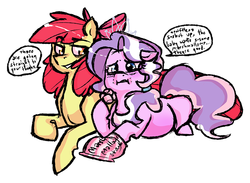 Size: 890x650 | Tagged: safe, artist:fastserve, apple bloom, diamond tiara, earth pony, pony, g4, dialogue, female, food, lesbian, magical lesbian spawn, mare, marshmallow, offspring, older, pregnancy cravings, pregnant, pregtiara, ship:diamondbloom, shipping, simple background, speech bubble, white background