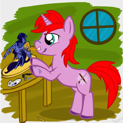 Size: 500x500 | Tagged: safe, artist:jetocat, princess luna, oc, pony, unicorn, g4, brush, solo, statuette, table