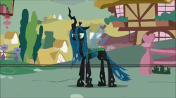Size: 692x388 | Tagged: safe, artist:mixermike622, queen chrysalis, oc, oc:fluffle puff, g4, animated, attack on changeling, attack on pony, attack on titan, majestic as fuck, sliding