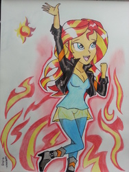 Size: 1536x2048 | Tagged: safe, artist:emichaca, sunset shimmer, equestria girls, g4, breasts, cleavage, female, solo, traditional art