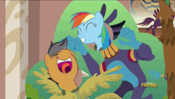 Size: 1286x724 | Tagged: safe, screencap, quibble pants, rainbow dash, pony, g4, stranger than fan fiction, animated, laughing, loop, nose in the air