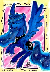 Size: 1120x1628 | Tagged: safe, artist:autobotchari, princess luna, g4, eyes closed, female, flying, solo, traditional art, watercolor painting
