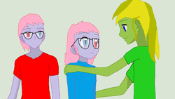 Size: 854x480 | Tagged: safe, artist:warhammer kombatant, oc, oc only, oc:braveheart, oc:rustic, oc:rusty ace, equestria girls, g4, base used, clothes, equestria girls-ified, glasses, heterochromia, humanized, simple background, smiling