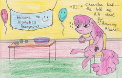 Size: 3183x2041 | Tagged: safe, artist:darkknighthoof, berry punch, berryshine, g4, alcoholics anonymous, balloon, traditional art