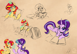 Size: 1500x1060 | Tagged: safe, artist:light262, starlight glimmer, sunset shimmer, pony, unicorn, g4, book, cute, duo, feather, glimmerbetes, magic, open mouth, pen, shimmerbetes, signature, sketch, smiling, twilight's counterparts