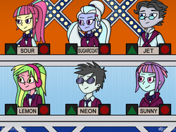 Size: 1600x1200 | Tagged: safe, artist:djgames, jet set, lemon zest, neon lights, rising star, sour sweet, sugarcoat, sunny flare, equestria girls, g4, clothes, crystal prep academy uniform, crystal prep shadowbolts, match game (game show), school uniform