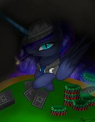 Size: 1188x1518 | Tagged: safe, artist:nuttypanutdy, nightmare moon, princess luna, pony, g4, casino, female, hat, playing card, poker chips, smoking, solo