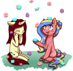 Size: 1024x999 | Tagged: safe, artist:kyaokay, oc, oc only, oc:flower child, oc:forest flute, flower, flower in hair, simple background, transparent background, unshorn fetlocks