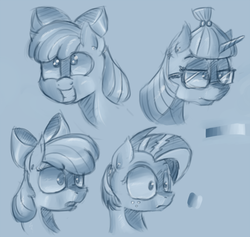 Size: 1329x1260 | Tagged: safe, artist:post-it, apple bloom, babs seed, moondancer, g4, monochrome, sketch, sketch dump, smiling