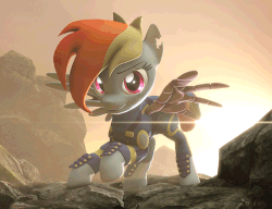 Size: 795x612 | Tagged: safe, artist:numerichunk, rainbow dash, g4, the cutie re-mark, 3d, alternate timeline, amputee, animated, apocalypse dash, augmented, crystal war timeline, effect, female, lens flare, loop, prosthetic limb, prosthetic wing, prosthetics, solo, source filmmaker, sparks, torn ear, war, wind