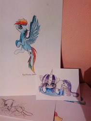 Size: 600x800 | Tagged: safe, artist:anuhanele, rainbow dash, twilight velvet, g4, clothes, socks, traditional art