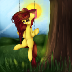 Size: 2000x2000 | Tagged: safe, artist:anuhanele, apple bloom, earth pony, pony, g4, anatomically incorrect, big hair, colored, digital painting, faic, female, filly, hair bow, high res, outdoors, speedpaint, swing, woll smoth