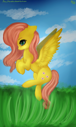 Size: 600x1000 | Tagged: safe, artist:anuhanele, fluttershy, pony, g4, cloud, female, flying, grass, solo