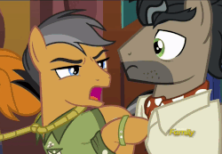 Size: 1047x724 | Tagged: safe, screencap, doctor caballeron, quibble pants, earth pony, pony, g4, stranger than fan fiction, animated, loop, male, nudge, poking, stallion