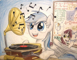 Size: 1350x1052 | Tagged: safe, artist:thefriendlyelephant, oc, oc only, oc:lesa castle, oc:snowy do, pegasus, pony, unicorn, 2+2=fish, chart, commission, complicated math, cute, equation, food, graph, hoof hold, markers, math, music, music notes, open mouth, phonograph, pizza, record, record player, repairing, smiling, traditional art, wrench