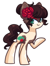 Size: 757x1000 | Tagged: safe, artist:looji, oc, oc only, oc:fantina fuego, earth pony, pony, female, flower, flower in hair, fringe, hair bun, looking at you, makeup, raised hoof, rose, solo, spotted