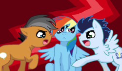 Size: 822x476 | Tagged: safe, artist:golden-harmony, quibble pants, rainbow dash, soarin', pony, g4, female, fight, love triangle, male, rainbow dash gets all the stallions, ship:quibbledash, ship:soarindash, shipping, shipping war, straight