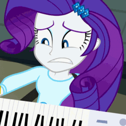 Size: 720x720 | Tagged: safe, screencap, rarity, equestria girls, g4, my little pony equestria girls: rainbow rocks, animated, anxiety, belt, blouse, bobbing, bracelet, clothes, cropped, elbowed sleeves, female, hair, hairpin, jewelry, keytar, looking down, makeup, moving, moving body up and down, musical instrument, nervous, open mouth, out of context, skirt, solo, teenager, top, wince
