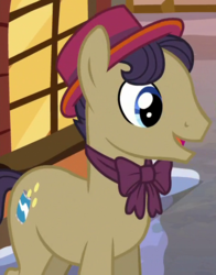 Size: 452x576 | Tagged: safe, screencap, earth pony, pony, a hearth's warming tail, g4, background pony, bow, cropped, hat, male, open mouth, solo, stallion, unnamed character, unnamed pony