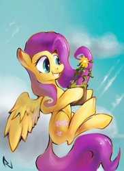 Size: 1700x2338 | Tagged: safe, artist:alexandrvirus, fluttershy, g4, female, floating, flower, holding, looking at something, pot, potted plant, sky, smiling, solo, spread wings