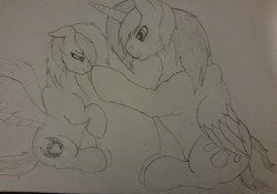 Size: 2675x1869 | Tagged: safe, artist:teardrop, oc, oc only, oc:fraziro, oc:tear drop, alicorn, pegasus, pony, boop, collaboration, father and daughter, female, mare, monochrome, pencil drawing, traditional art