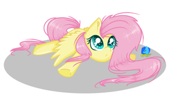 Size: 2768x1560 | Tagged: safe, artist:coolmoonxx, fluttershy, g4, chibi, clumsy, fallen, female, looking up, lying down, simple background, solo, spread wings