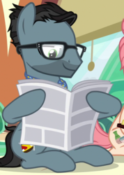 Size: 687x963 | Tagged: safe, screencap, down under, raspberry vinaigrette, earth pony, pony, g4, the gift of the maud pie, background pony, female, friendship express, glasses, male, mare, newspaper, solo focus, stallion, train