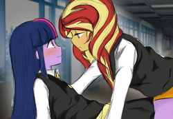 Size: 1142x788 | Tagged: safe, artist:angeltorchic, sunset shimmer, twilight sparkle, equestria girls, g4, blushing, canterlot academia, clothes, duo, female, hallway, lesbian, ship:sunsetsparkle, shipping, twilight sparkle (alicorn)