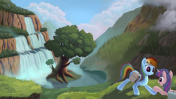 Size: 4000x2250 | Tagged: safe, artist:sycreon, rainbow dash, twilight sparkle, pony, g4, female, grass, grin, holding hooves, lake, lesbian, mare, mountain, open mouth, saddle bag, scenery, ship:twidash, shipping, smiling, tree, valley, waterfall