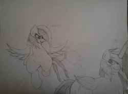 Size: 2607x1918 | Tagged: safe, artist:teardrop, oc, oc only, oc:lila drop, oc:tear drop, alicorn, pegasus, pony, belly button, blushing, collaboration, crying, father and daughter, female, flashback, hips, male, mare, memory, monochrome, past, pencil drawing, simple background, smiling, stallion, traditional art