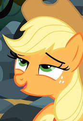 Size: 346x500 | Tagged: safe, screencap, applejack, pony, g4, season 3, spike at your service, female, mare, offscreen character, open mouth, out of context, pleasure, smiling, solo
