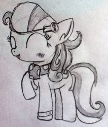 Size: 691x810 | Tagged: safe, artist:thefanficfanpony, strawberry parchment, g4, stranger than fan fiction, blushing, clothes, monochrome, pencil drawing, scarf, solo, traditional art